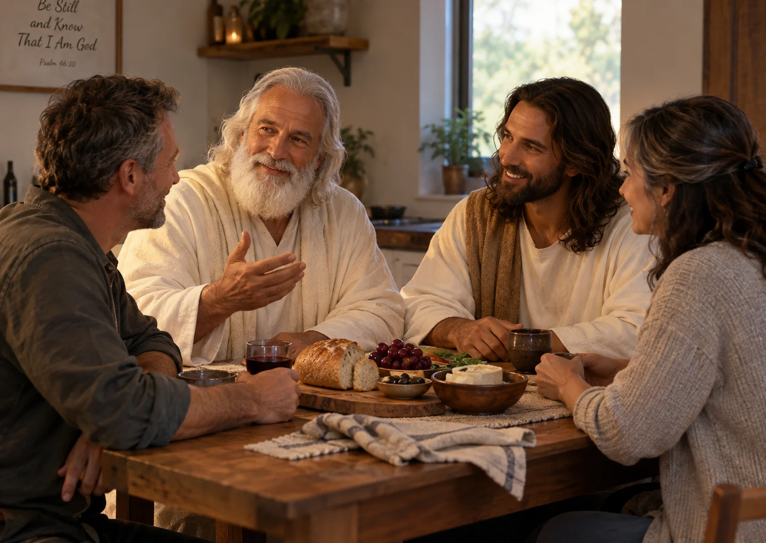 The Father and the Son sharing a meal with a man and woman today